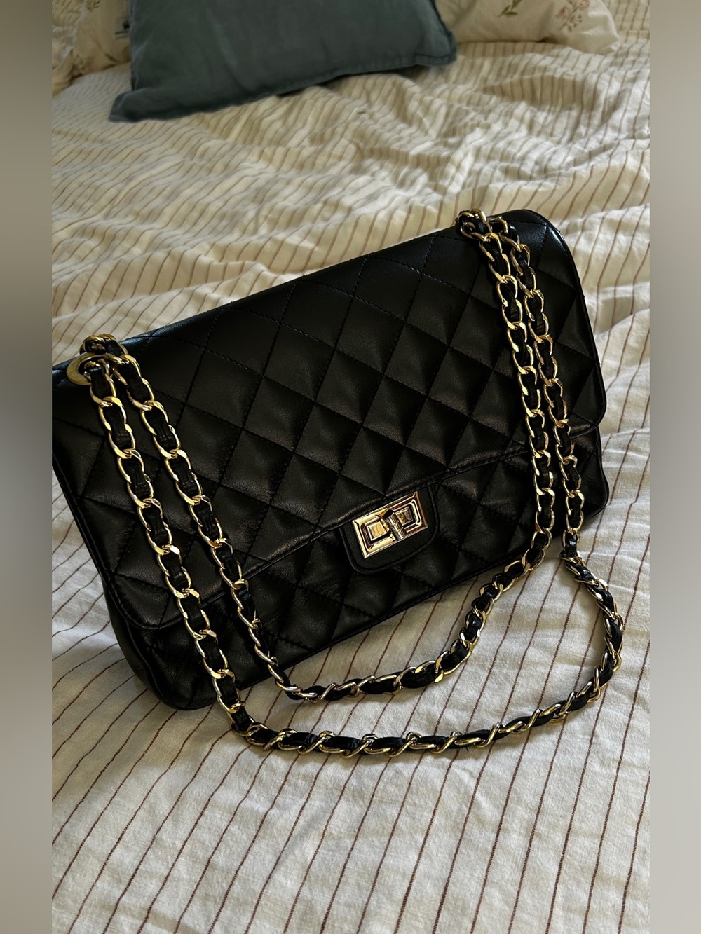 Genuine Italian Leather Black Quilted Chain Bag
